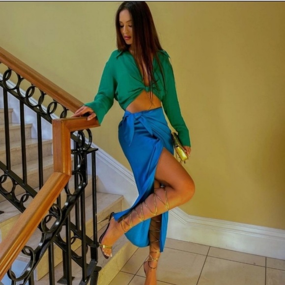 ZARA High Waisted Pareo Knot Skirt Blue - Picture 6 of 12